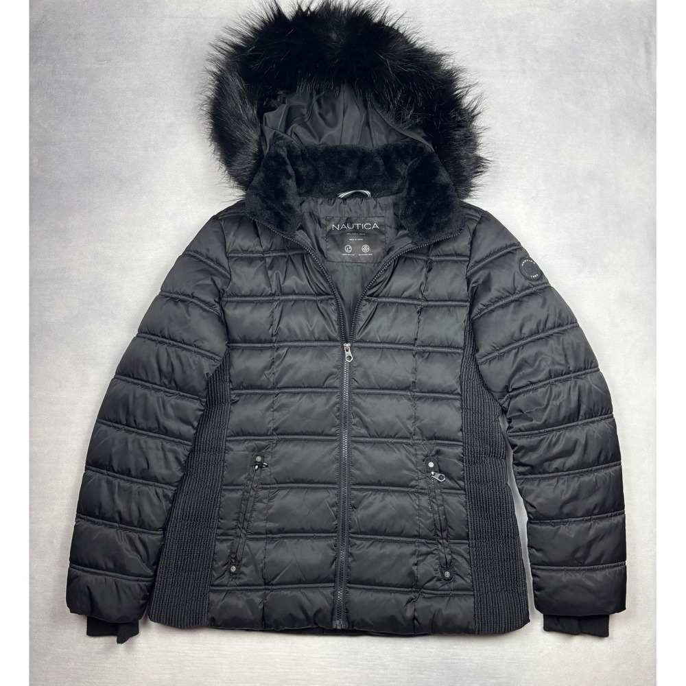 Nautica Womens Black Puffer Jacket Water Resistant Faux Fur Trim Hood Large